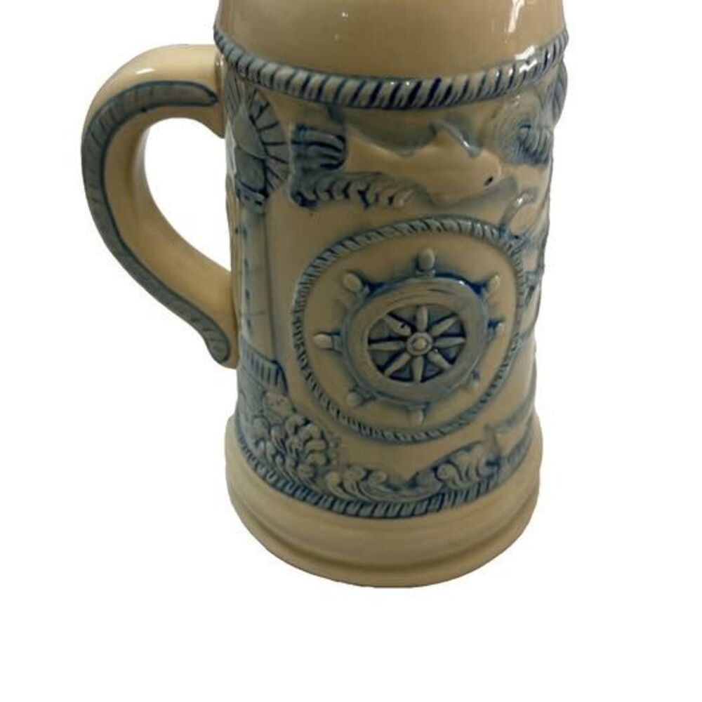 Vintage WCL Beer Stein Nautical Lighthouse Fish Shells Buoy Mug Made in China